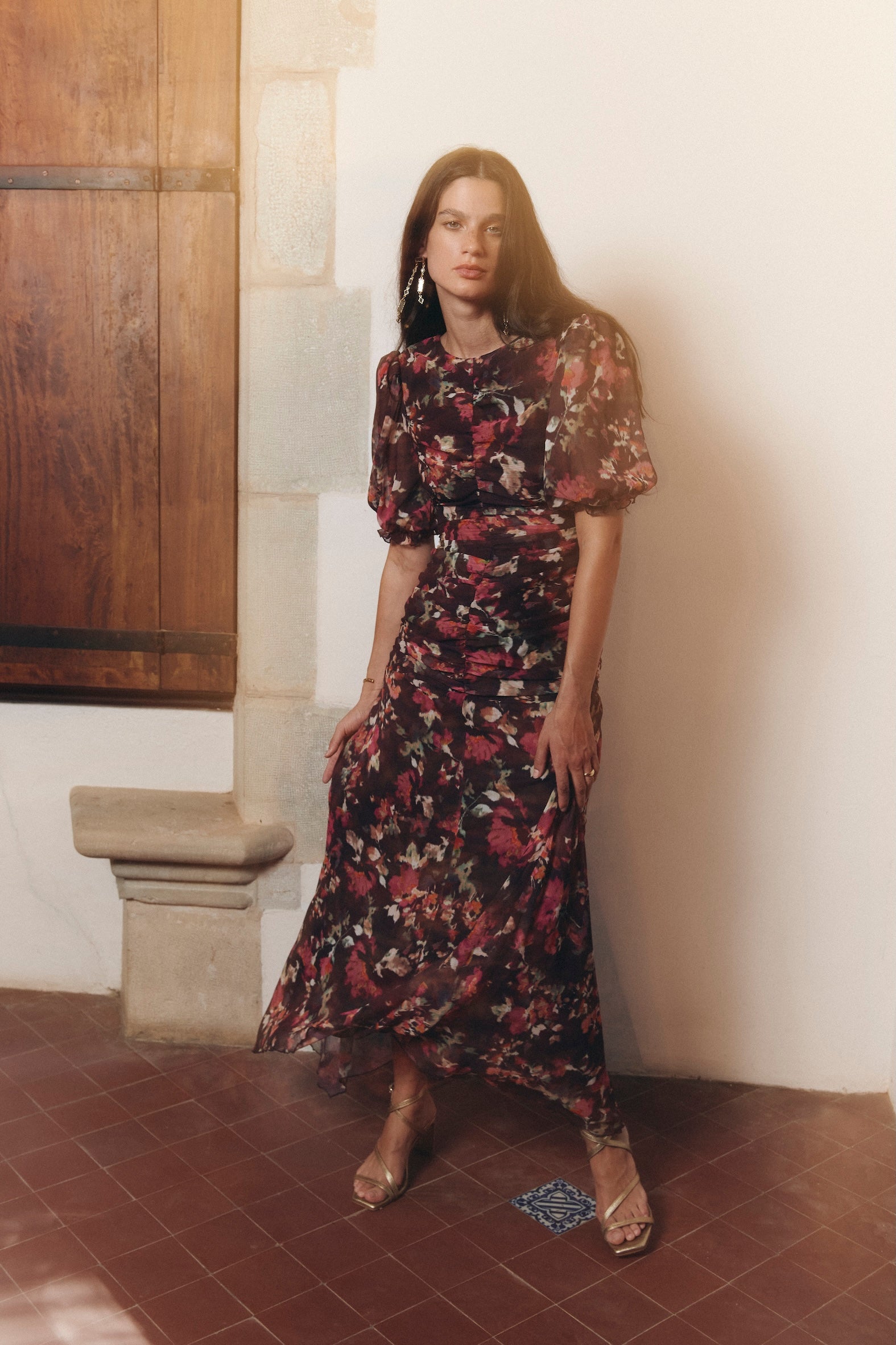 paola floral long sleeve dress AFRM Paola Floral Print Crew Neck Long Sleeve Ankle Mesh Maxi Dress