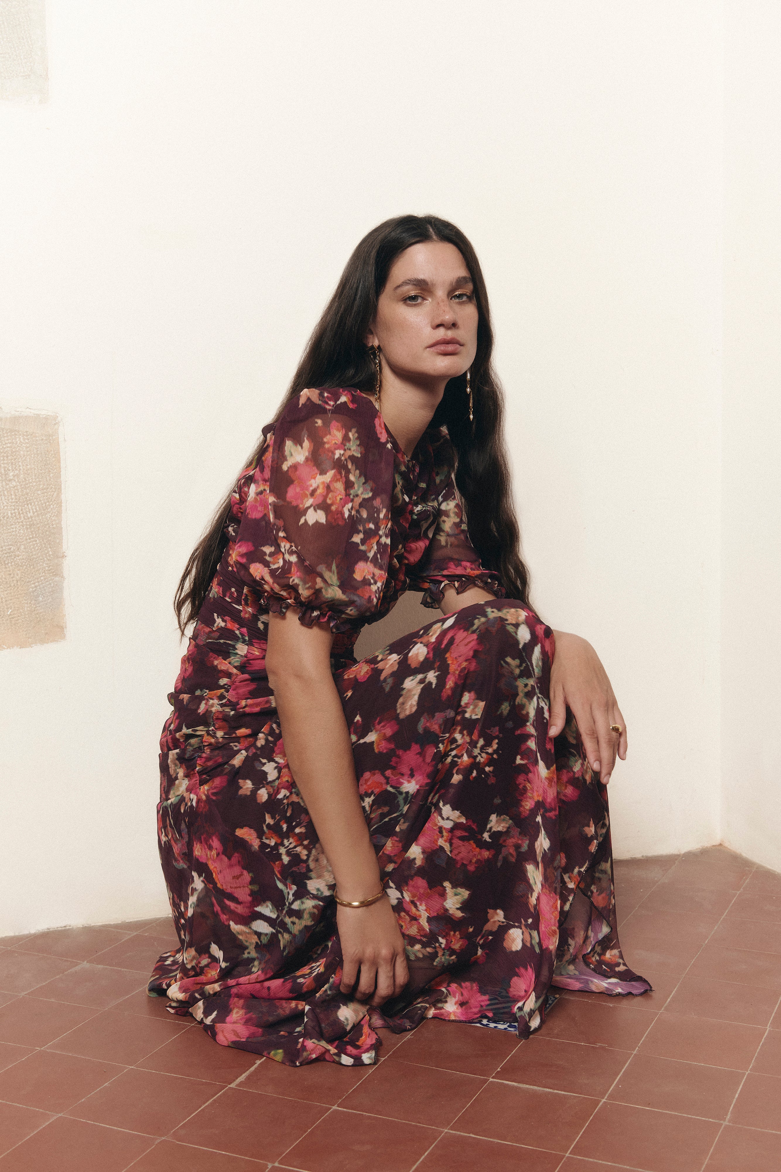 paola floral long sleeve dress AFRM Paola Long-Sleeve Crew Neck Maxi Dress